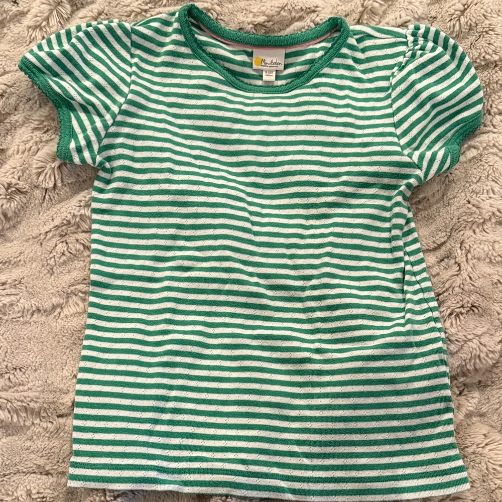 Mini Boden Green and White Striped Tee size 9-10 EUC